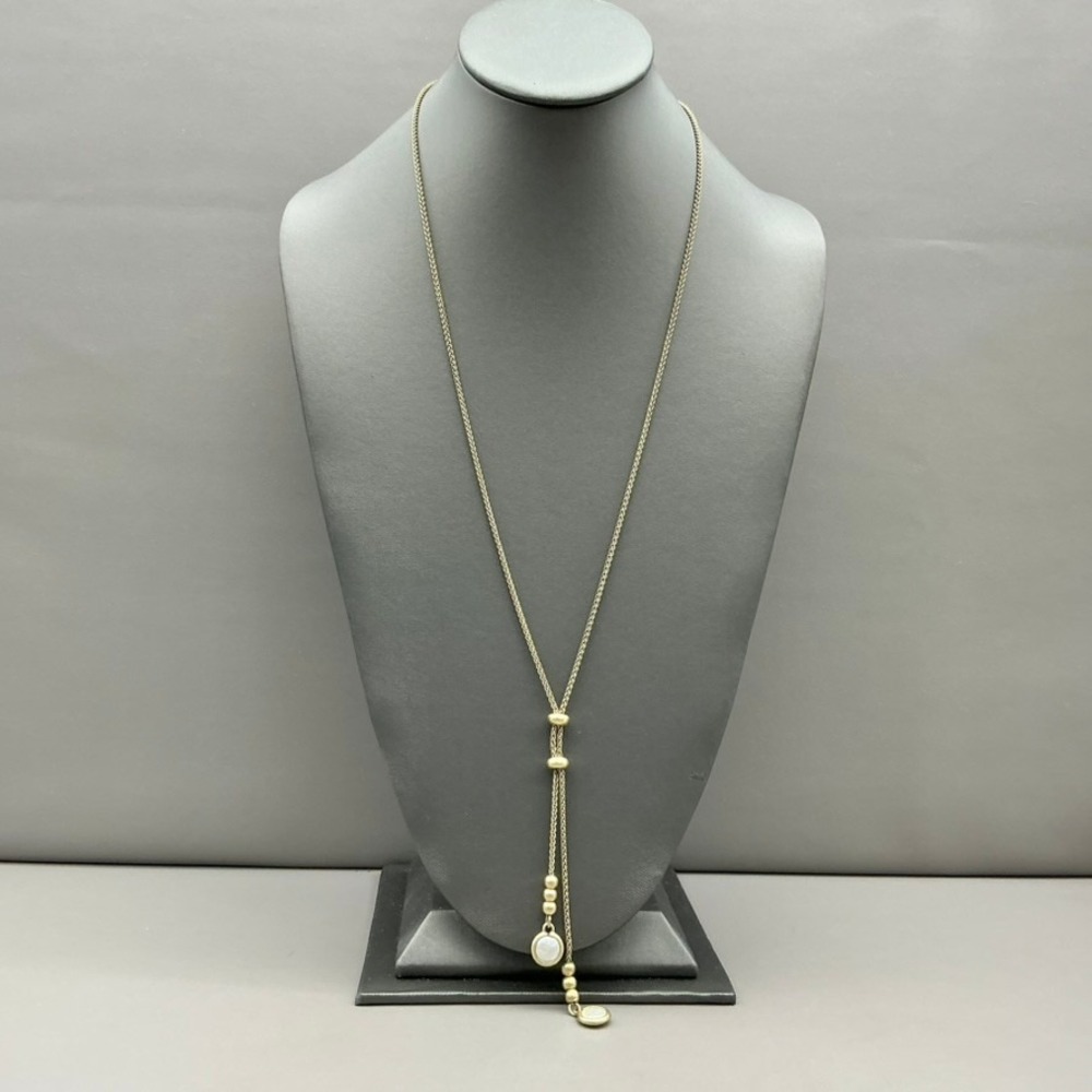 Lucky Brand Lariat Necklace Women Gold Tone Faux Opal Beaded Adjustable Y-Shape